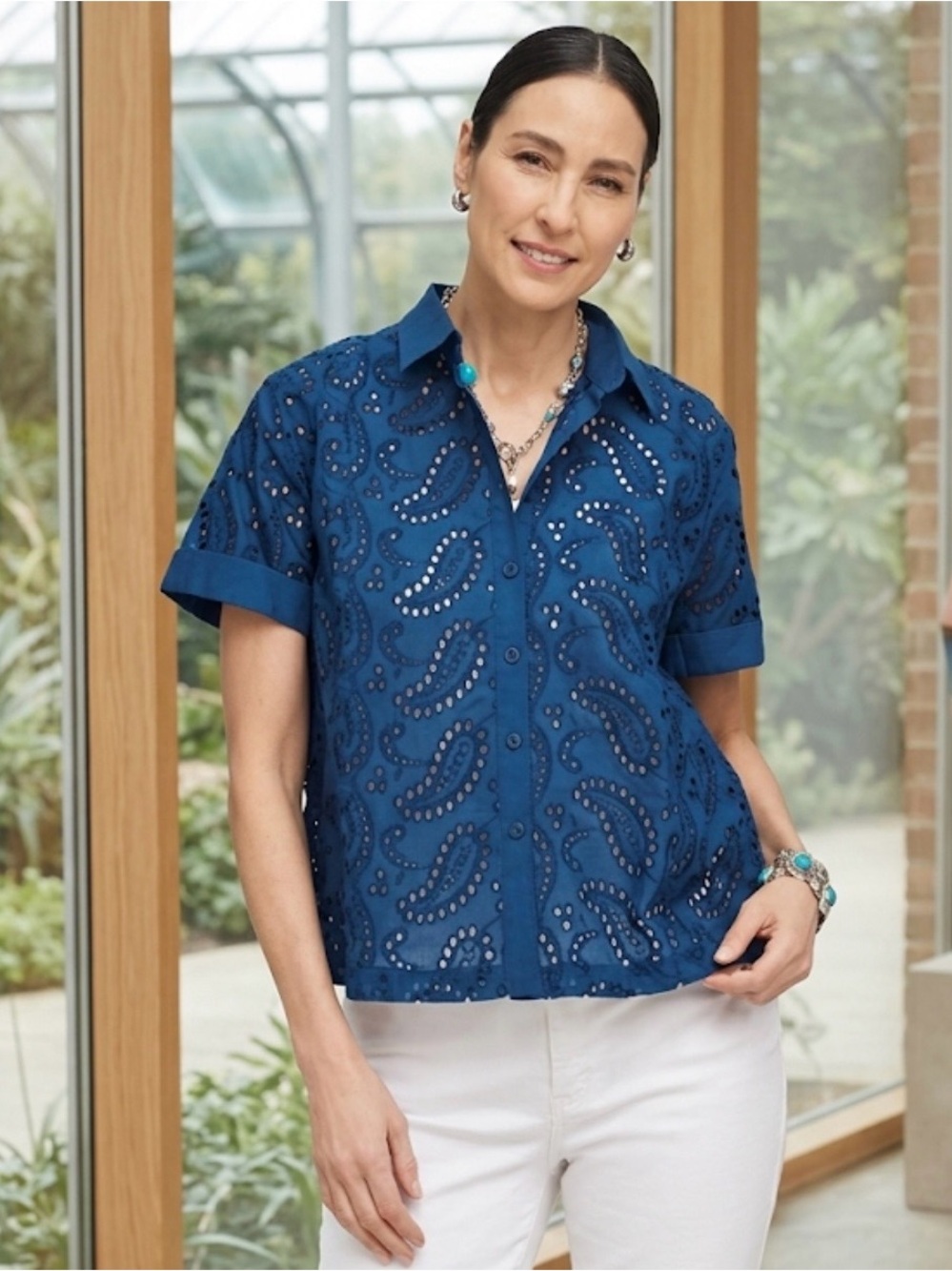 Chicos Paisley Eyelet Cutout Top Seaport Blue, Size 1
